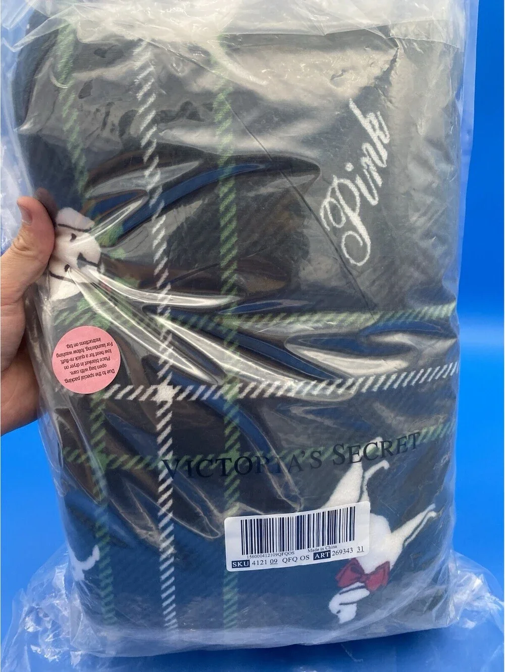 Victoria's Secret Green Plaid, Dog & Mistletoe Pattern Throw Blanket - New PINK